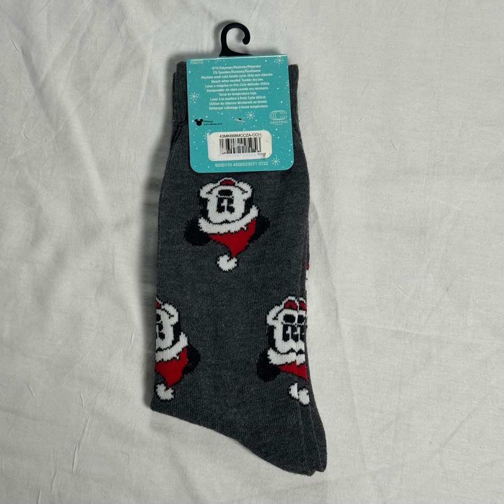 Disney Crew Socks Mens 6-12 Grey NEW Mickey Mouse Santa Hat Holiday Christmas